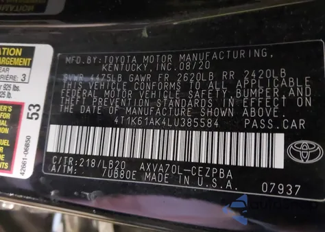 2020 Toyota Camry Xse z USA, uszkodzony, nr VIN 4T1K61AK4LU385584